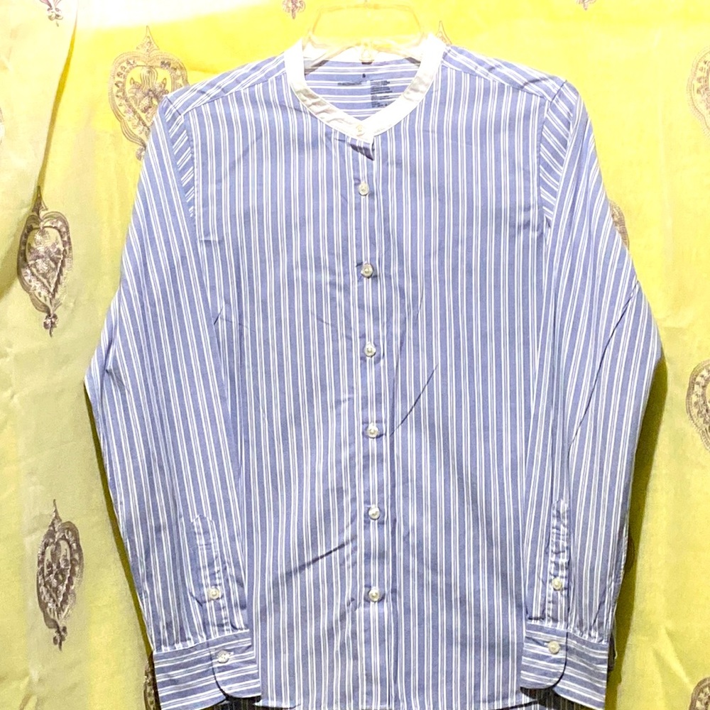 MEN MUJI STRIPED NEHRU (BAND)-COLLAR BLUE/WHITE BUTTON DOWN SHIRT SZ S